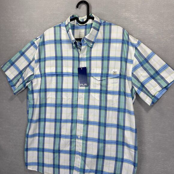 NWT Huk Men’s Latitude Tide Point Short Sleeve Button Up Flannel Performance New - Picture 1 of 15
